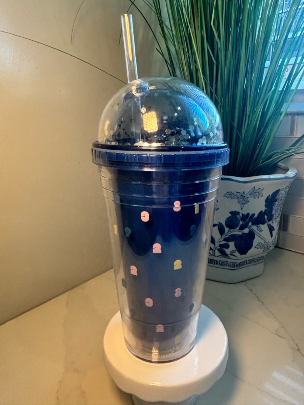 MINISO Magic Number Tumbler Double-Walled Cold Cup with Glitter Dome Lid & Straw